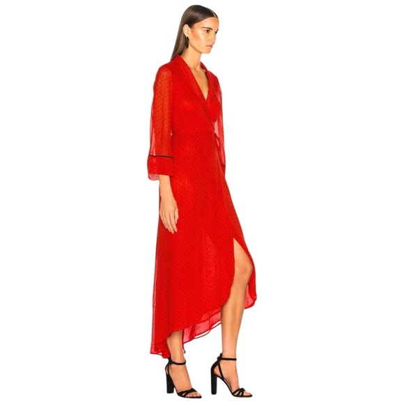 GANNI Mullin Georgette Red Aymmetric Polka Dot Long Sleeve Wrap Midi Maxi Dress - Picture 2 of 16